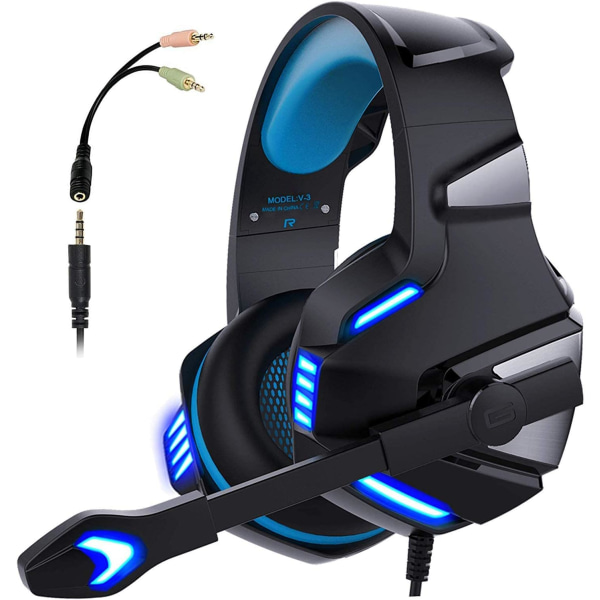 Gaming Headset for Xbox One, PS4, PC, Over Ear Gaming Headset med støyreduserende mikrofon LED-lys, Stereo Bass Surround, Myke minne øreklokker for Blue