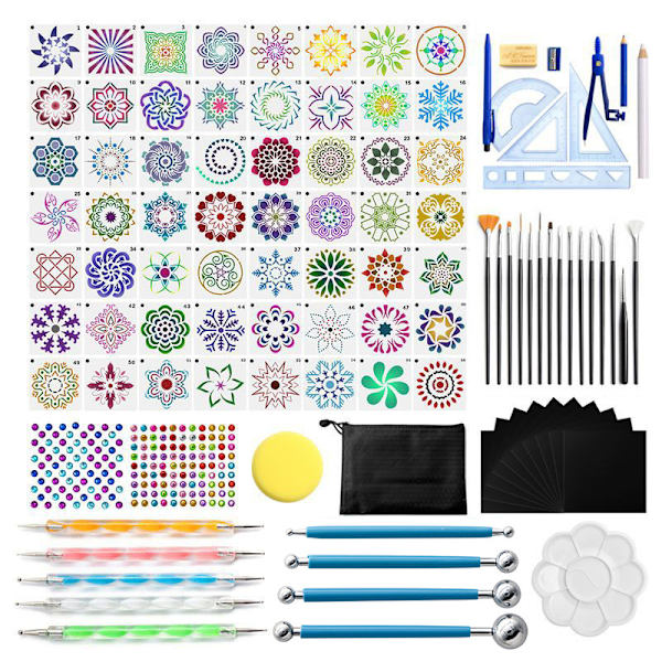 Mandala Dot Drawing 105-osainen työkalusarja - , jossa harppi, viivain, porakynätyökalu, kuulakärkikynä kivien maalaamiseen, väritykseen, kynsien taiteeseen, maalaamiseen ja piirtämiseen