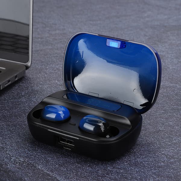 V5.0 Trådløse Bluetooth-øretelefoner Touch Control TWS Mini In-Ear-headset med opladningsboks Sort og blå