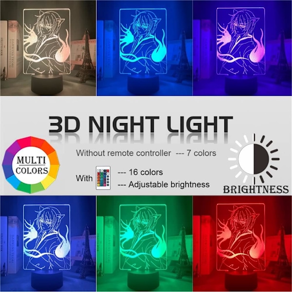 7/16 Farger med Fjernkontroll Anime 3D Nattlys Akryl Kamisama Kiss Tomoe LED Illusionslampe for Hjemmedekorasjon