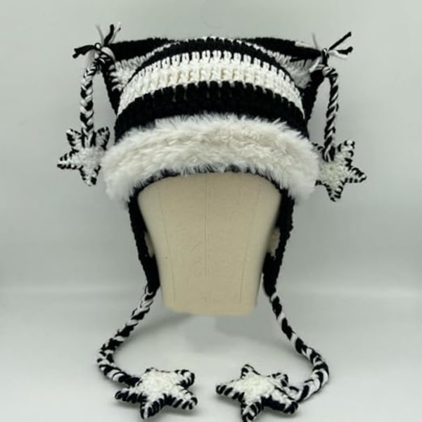 Beanies Cat Beanie Y2k Beanie Goth Stickad Mössa Grunge Virkade Hattar för Kvinnor y2k Tillbehör, Blå Vit-a