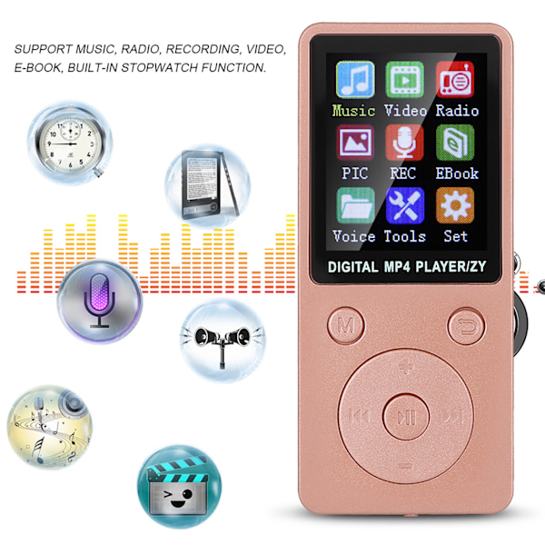 T1 Musik MP3 MP4 Afspiller 8G Bluetooth Understøtter 32G Hukommelseskort Runde Knapper Rosaguld