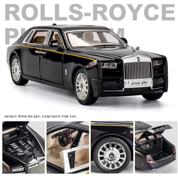1/24 skala Simulering Rolls-Royce Phantom bilmodell Dør Åpningsbar legering kjøretøydekorasjon med LED-billys Trekk tilbake Billeke