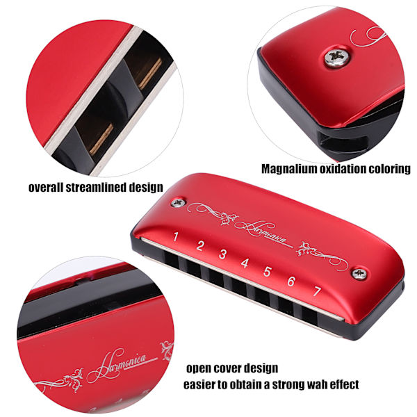 Harmonika 7-hullet Mini Blues Student Voksen Begynder Spiller Farve Mundorgel Vindinstrument C-nøgle Red