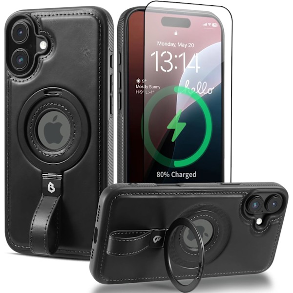 Magnetisk Ringgrepphållare för Mobilskal | Skyddande Mobilskal i Läder | Kompatibel med MagSafe | Inbyggt Ställ iphone 16plu black
