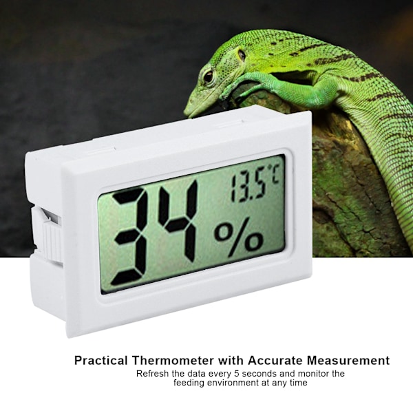 Mini elektronisk reptiltermometer og hygrometer med innebygd probe LCD-skjerm hvit