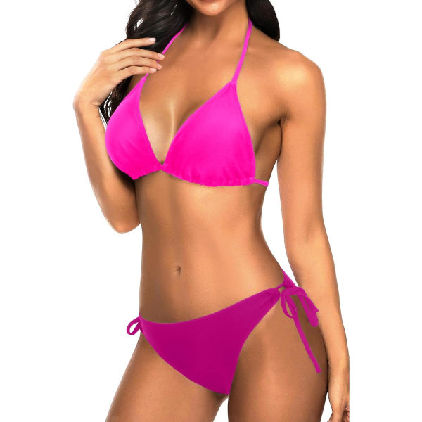 WJSM Kvinde Trekantet Bikini Sæt Halter Todelt Sexet Badetøj String Bånd Side Badetøj Hot Pink Dark Pink S