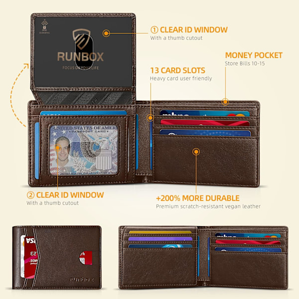 Herr Läder Bifold Stilren Plånbok för Män 15 Fack RFID-Blockering med 2 ID-Fönster Presentförpackning Classic Coffee