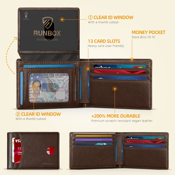 Men's Leather Bifold Stylish Wallet for Men 15 Slots RFID Blocking with 2 ID Window Gift Box