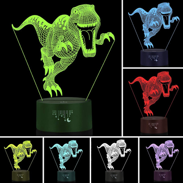 3D Nattlampa, LED-lampa för barn, Dinosaurie Leksaker för pojkar, 7 Färger Touch Bordsslampa, T-Rex Illusion Neon med USB, Baby Sovrumsslampor