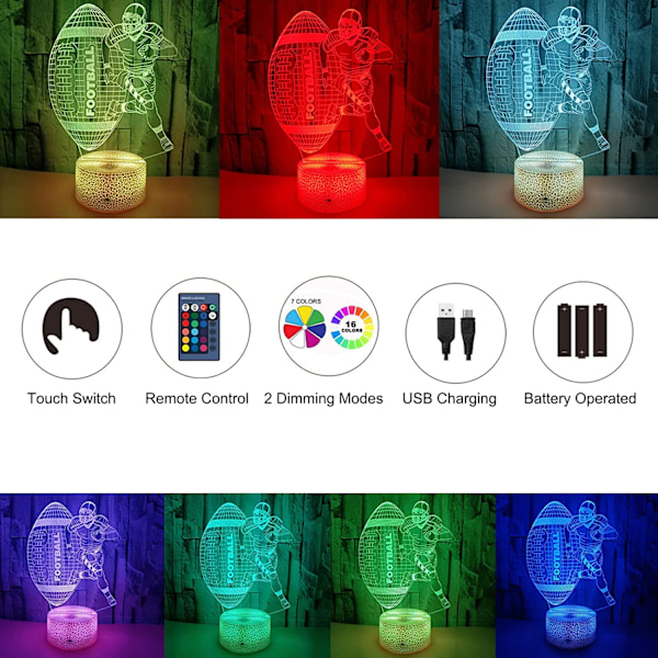 JUSTUP Fotball Nattlys 3D LED Illusjonslampe 7 Farger Skiftende Nattlys med USB-drevet Berøringslampe Fjernkontroll Beste Bursdag（Stil F）