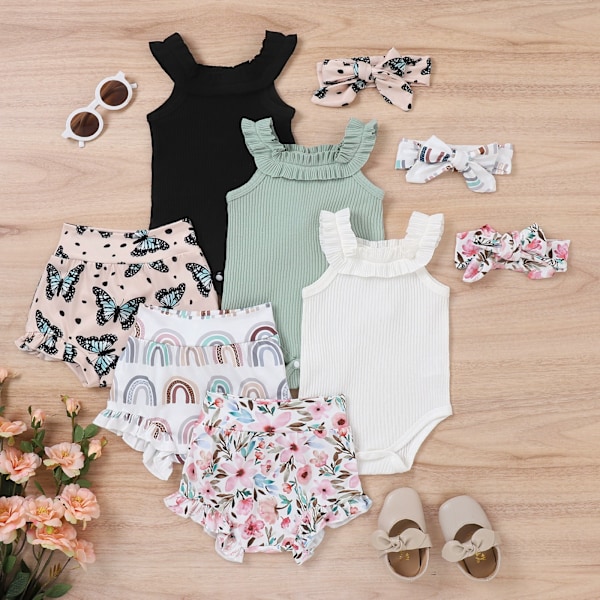 Babykläder Flicka Sommar Söta Kläder 12 18 Månader Spaghettiband Romper & Blommiga Shorts Set green 90CM