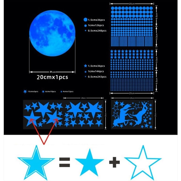 Hohtavat tähdet ja kuu seinätarrat, valaisevat yksisarvisen linnan seinätarrat 893 kpl DIY seinäkoriste lastenhuoneeseen Blue-1 20cm*Moon