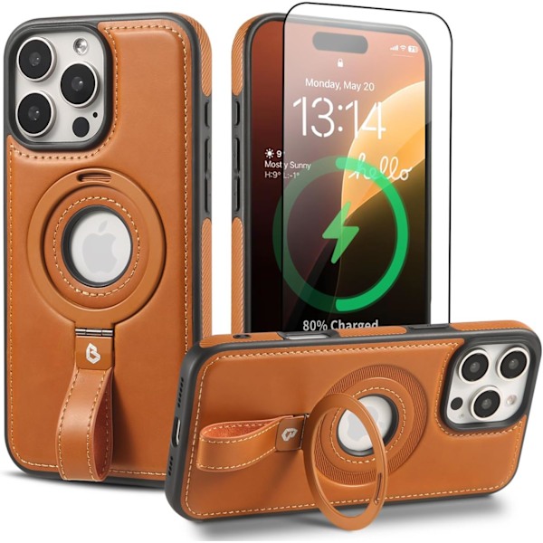 Magneettinen sormipidike puhelinkotelolle | Suojaava nahkainen puhelinkotelo | Yhteensopiva MagSafe-laitteiden kanssa | Sisäänrakennettu jalusta iPhone 16 Pro brown