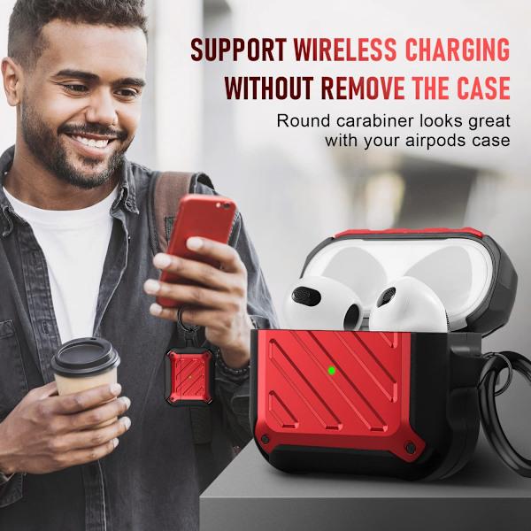 Til AirPods 3. generation etui Airpod 3 etui 2021 stødsikkert Airpods 3 beskyttelsesetui med nøglering Apple opladningsetui cover til mænd (rød)