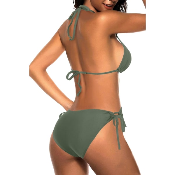 WJSM Kvinde Trekantet Bikini Sæt Halter Todelt Sexet Badetøj String Bånd Side Badetøj Light Army Green M