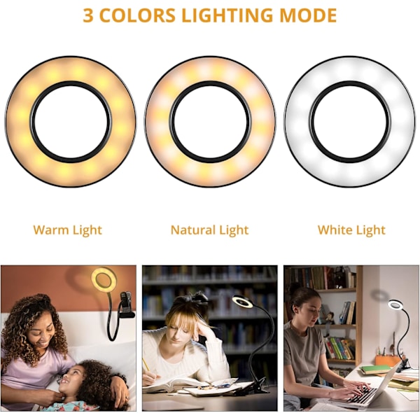 Bordlampe med klemme for lesing hjemmekontor, lysstyrke 3 moduser, klemmelampe for sengegavl, hobby black