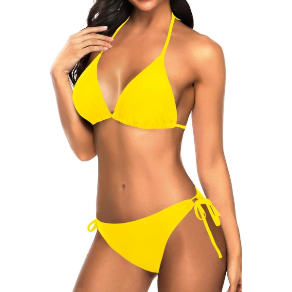 WJSM Kvinners Triangle Bikini Sett Halter Todelt Sexy Badedrakt String Tie Side Badetøy Deep Yellow L