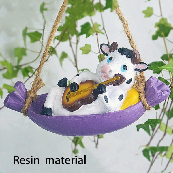 Cow Playing Guitar Garden Statue Vivid Cute Hanging Resin Cattle Sculpture Art Decoration for Lawn Patio Courtyard Dairy Cow