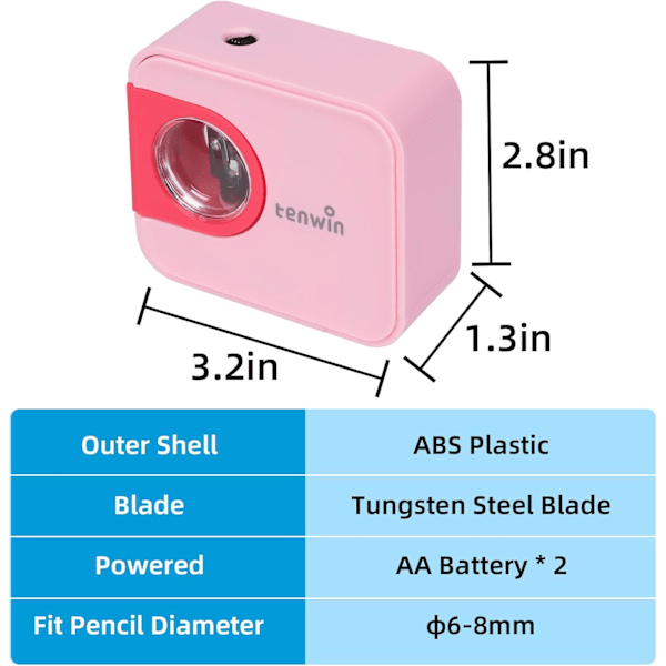 Bærbar Elektrisk Blyantspisser, Batteridrevet Blyantspisser, Wolframstål Blad for Rask Spissing, Lommespisser for Barn pink