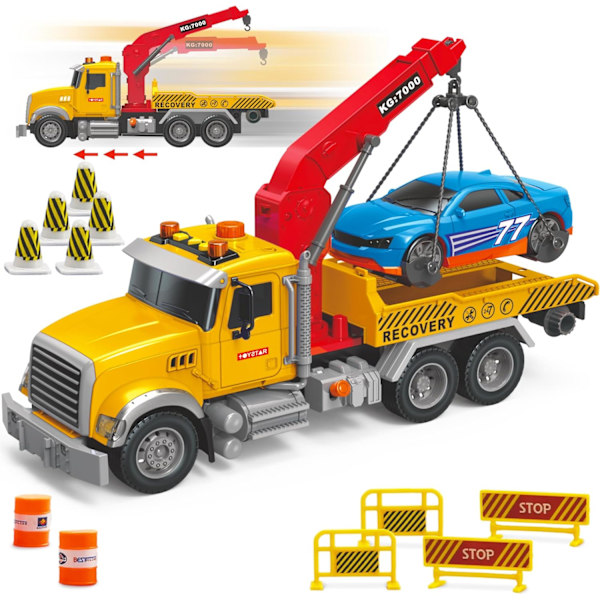 Tow Truck Toy Flatbed og Kran med Race Car Playset - Stor 15\" Toys Rescue Vehicle w/Friction Push & Go, Lys & Lyd, Bursdagsgave til Barn