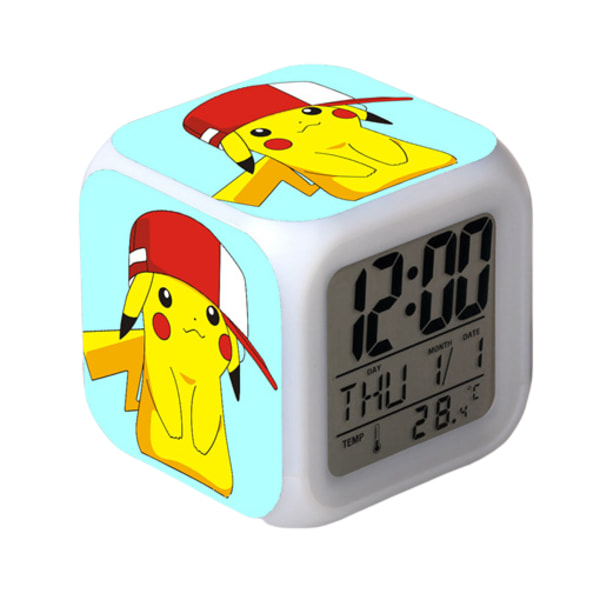 Wekity Pikachu Färgglad Väckarklocka LED Kvadratisk Klocka Digital Växklcka med Tid, Temperatur, Alarm, Datum