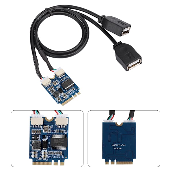 M.2 NGFF - USB -sovitinkortti KEY A E -liitäntään, kaksi USB2.0 -porttia, laajennuskortti, kaapeliadapteri
