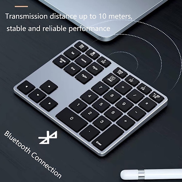 Bluetooth numeriskt tangentbord, laddningsbart aluminium 34-tangenters siffertangentbord, smalt externt numeriskt tangentbord, datainmatning, kompatibelt med MacBook