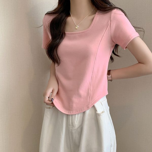 Skulder Kvadrat Krave Korthærmet T-shirt Kvinders Ren Bomuld Sommer Design Sense Slim-fit All-match Ren Spice Girl Kort T-shirt Top Pink L