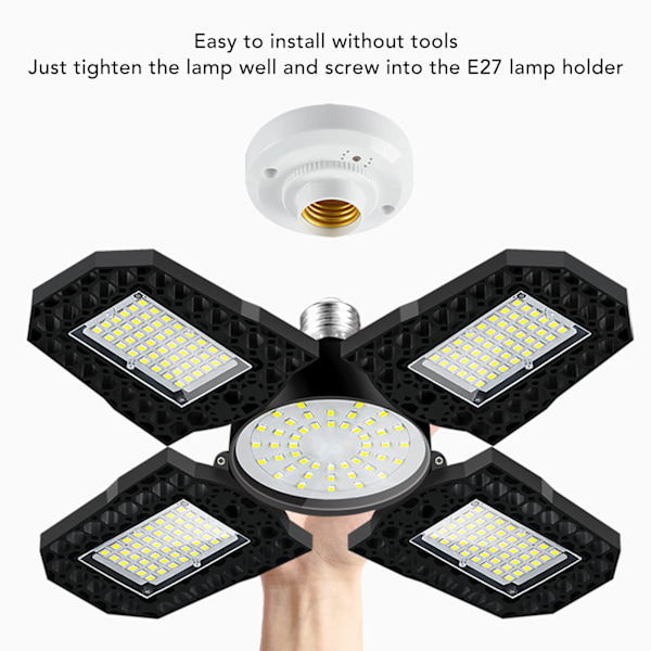 LED-garagelampor, vikbara, 4 blad, 100 W, hög ljusstyrka, energibesparande E27-taklampa för garageverkstad 85-265 V