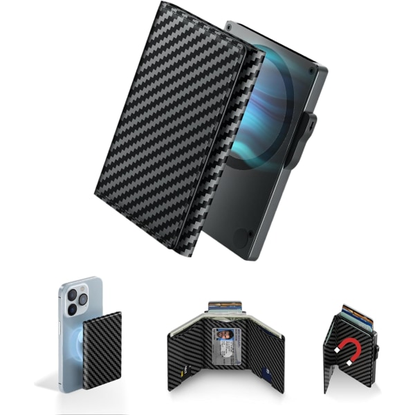 Plånbok för män - Pop Up- case i aluminium, 2-i-1 magnetisk plånbok, med kreditkortsfack för kontanter - Smal plånbok med RFID-blockering, minimalistiskt läder Carbon Fiber