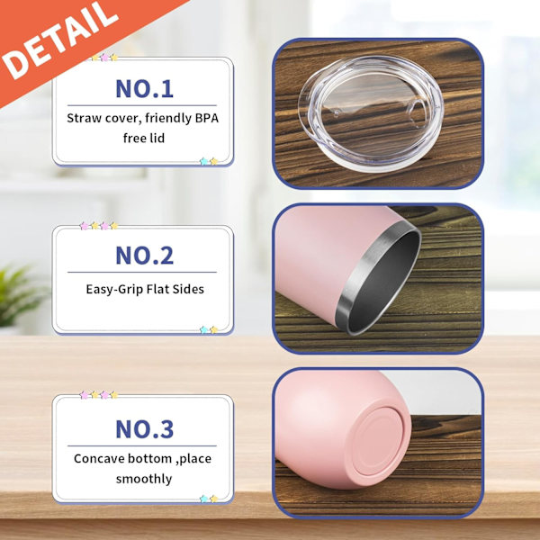 12OZ rustfritt stål vinglass med lokk. Stilkfri dobbeltvegget isolert vinglass. Vinglass er egnet for forskjellige scener, fester Light Pink 1 PCS