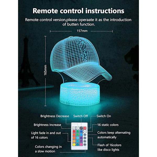 3D LED Nattlampa, Basebollkeps, Fotbollshjälm, Basketboll Plat Acryl Optisk Illusion Belysningslampa med 16 Färger Touch Sensor med Fjärrkontroll