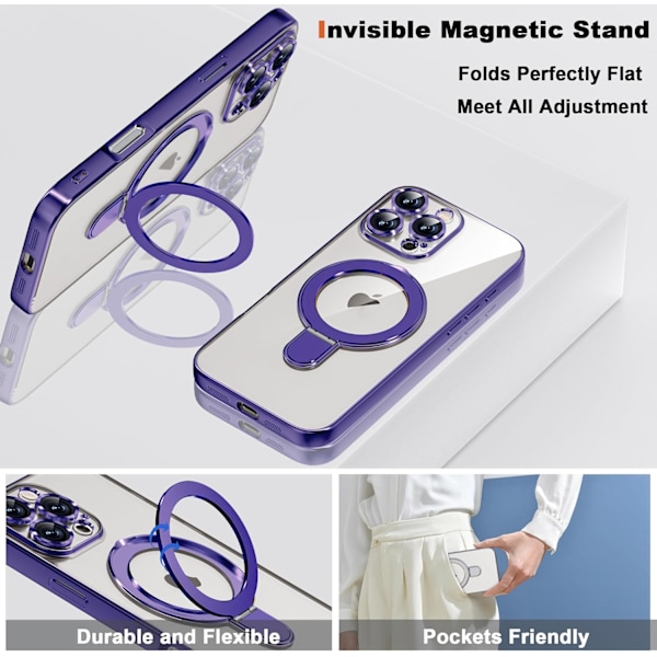 Kompatibel med iPhone 16promax Cover med Magnetisk Ring Stand [Kompatibel med Mag-Safe] [Fuld Kameralinse Beskyttelse] Belægning Klar Purple