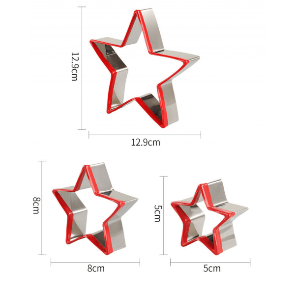 3-delt stjerneskoformersett i rustfritt stål, stor og mini stjerneskoformer for å presse kjeks, sandwich og brød