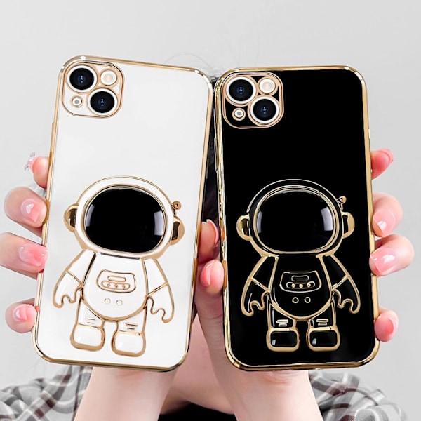 For iPhone 15plus Deksel, Søt 3D Astronaut Stativ med [2 Skjermbeskyttere] [Kamerabeskyttelse] Støtsikker Bling Silikon Sof black