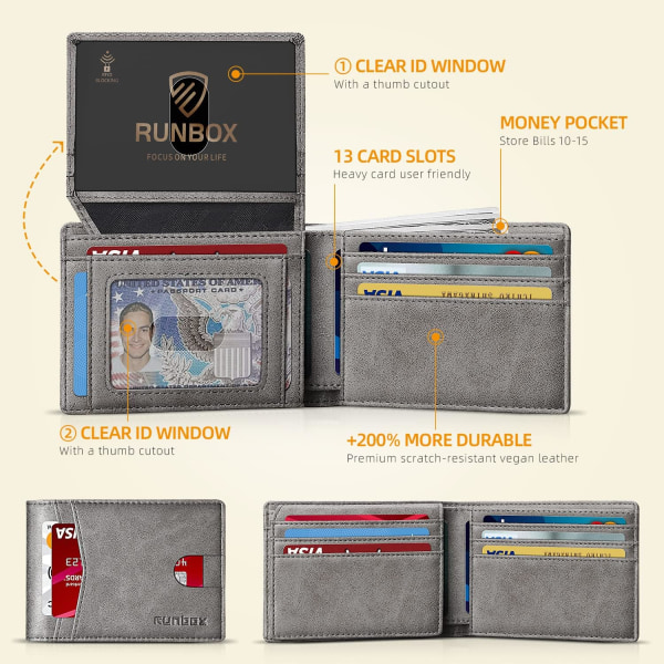 Plånbok för män, kortfodral, smal RFID-läder, 2 ID-fönster med presentförpackning Classic grey