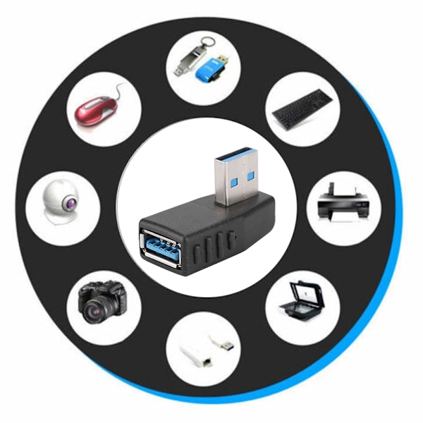 Opp Ned Venstre Høyre USB 3.0 Hann til Hunn Adapter Kontakt 90 Graders Kabelforlenger (Svart)