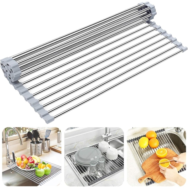 Over The Sink Dish Drying Rack, Roll up Sink Dish Drainer Rack Multipurpose Foldable Kitchen Stainless Steel Dish Rack Sink Drying Rack