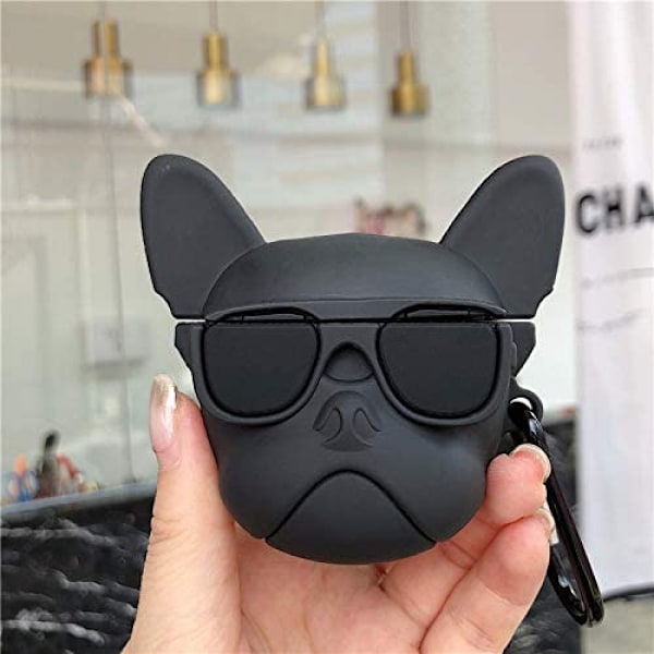 Snyggt glas Bulldog-format mjukt silikonfodral för AirPods-fodral, skyddande skal för hörlurar, AirPods1&2+krok - Svart