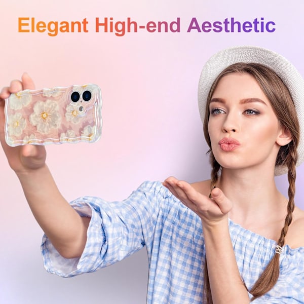 Etui til iPhone 16plus, Farverig Retro 0iI Maleri Trykt Blomst Laser Glossy Mønster Sød Krøllet Bølgekant Udsøgt Stilfuld Dura Light Pink