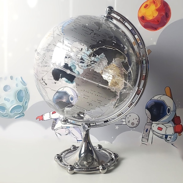 Sølv Globe Bordlampe, 3 meter Lyslenker, Globe Diam. 20 cm, Varmt Hvit Lys