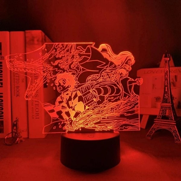Anime Demon Slayer Tanjiro og Nezuko lampe Kule 3D Illusions nattlampe Hjemmerom dekor Akryl LED lys Julegave lamper (16 farger med fjernkontroll), Mu