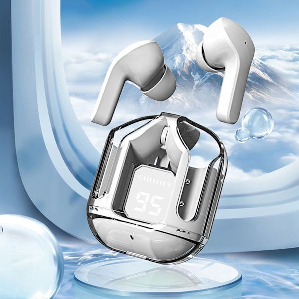 Trådlösa öronsnäckor, snygg transparent, multifunktionell brusreducering, HiFi-stereo, touchkontroll, Bluetooth-hörlurar, vita