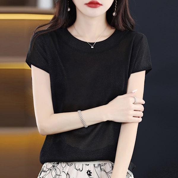 Sommer Ny Casual Kortærmet Dame Rund Hals Strik Sweater Ærme T-shirt Løs Western-stil Lys Silke Elegant Top black 2XL