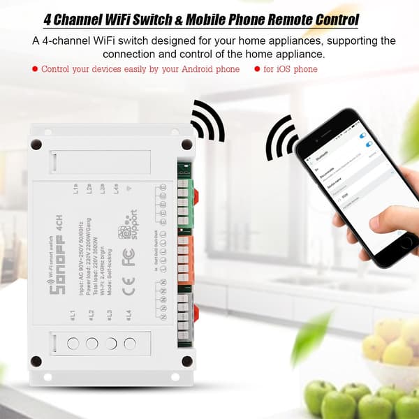 4-kanals montering Smart Home WiFi-bryterkontaktmodul Timer AC 90-250V for Android/iOS-telefon