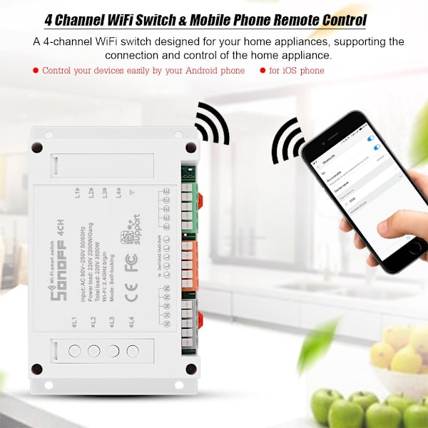 4-kanals montering Smart Home WiFi-stikkontaktmodul Timer AC 90-250V til Android/iOS-telefon