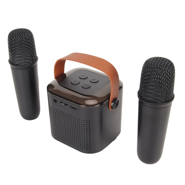 Mini Karaoke Maskine Stereo Bærbar RGB Lys Bluetooth Højttaler med 2 Trådløse Mikrofoner til Hjemmefest Sort