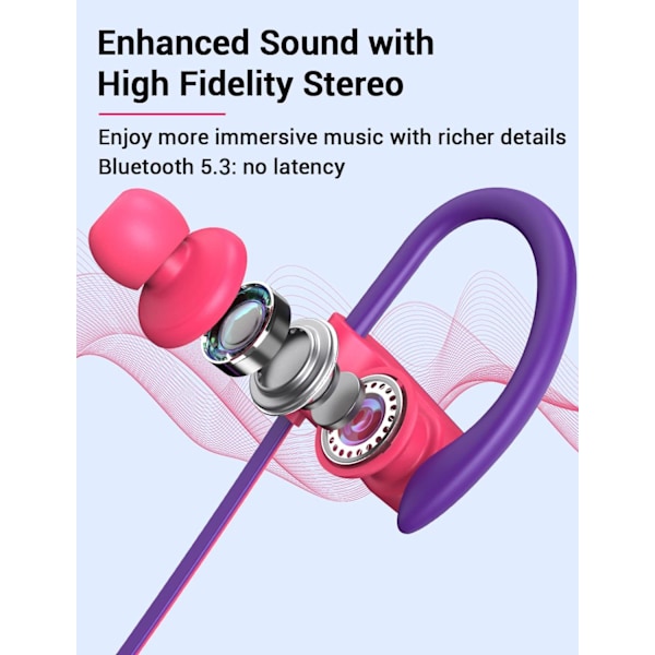 Bluetooth-hovedtelefoner, 5.3 trådløse sports-ørepropper IPX7 vandtætte med mikrofon, stereo-svedsikre in-ear-hovedtelefoner, støjreducerende headset til fitnesscenter RedPurple