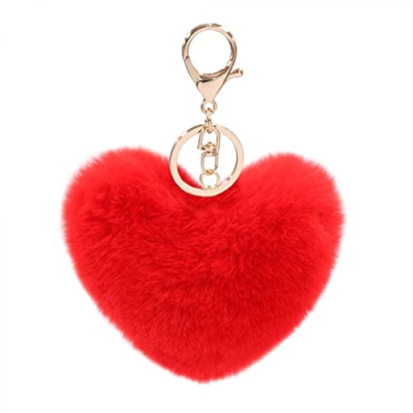 Kvinders hjerte Puffball nøglering Faux Fur Pom Pom nøgleholder taske tilbehør nøglering rygsæk charms til piger--rød